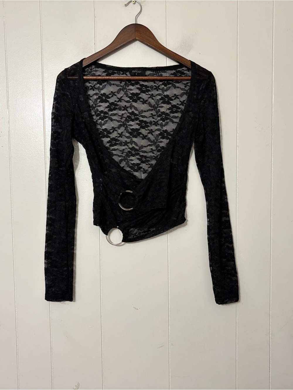Outcast Black Lace Ring Detail Long Sleeve Crop Top Size M Sheer Y2K Going Out